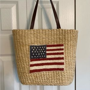 🍀VTG Bath & Body Works U.S. Flag Straw & Leather Patriotic Tote/Bag